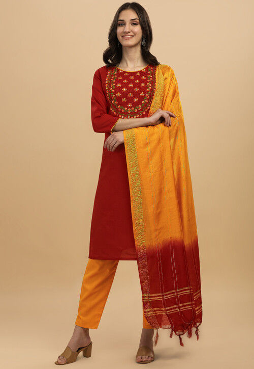 Embroidered Cotton Slub Pakistani Suit in Red