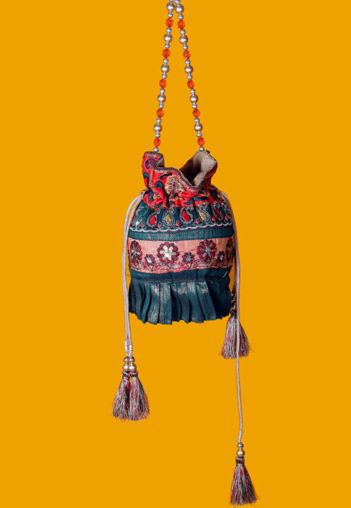 Embroidered Cotton Slub Potli Bag in Multicolor