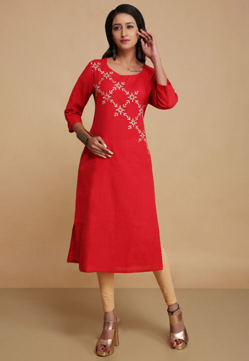 Embroidered Cotton Slub Straight Kurta in Red