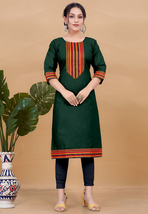 Embroidered Cotton Straight Kurta in Dark Green