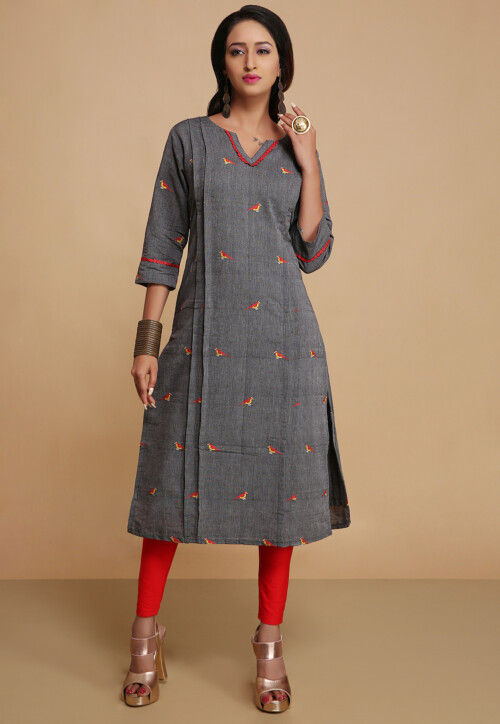 Embroidered Cotton Straight Kurta in Dark Grey