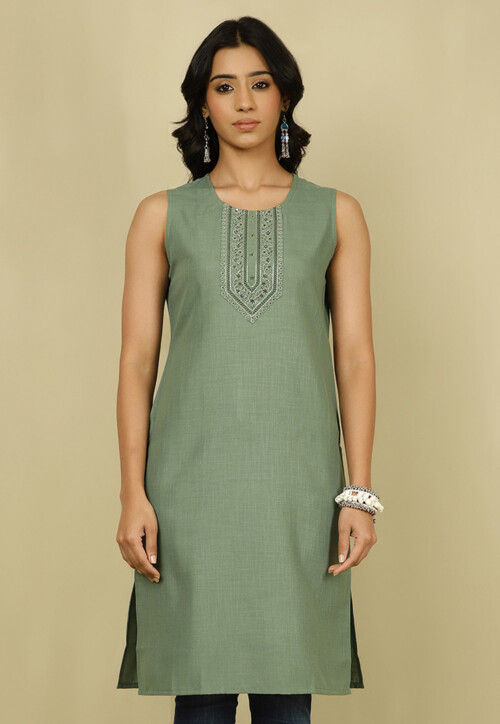 Embroidered Cotton Straight Kurta in Dusty Green