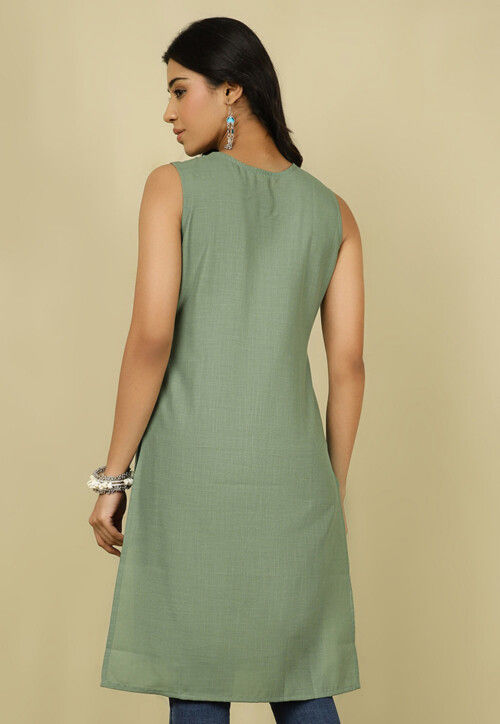 Embroidered Cotton Straight Kurta in Dusty Green
