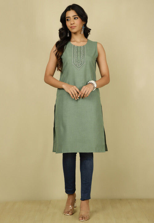 Embroidered Cotton Straight Kurta in Dusty Green