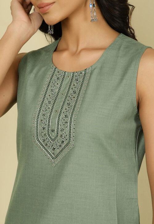 Embroidered Cotton Straight Kurta in Dusty Green