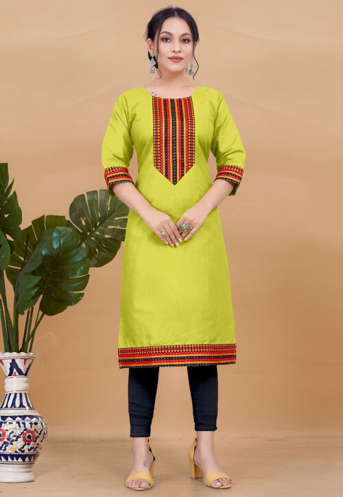 Embroidered Cotton Straight Kurta in Light Green