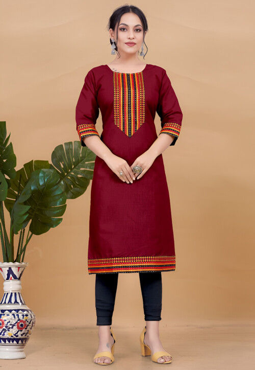 Embroidered Cotton Straight Kurta in Maroon