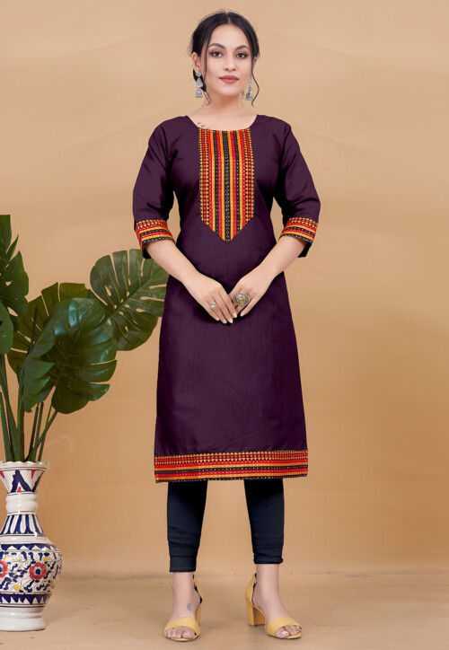 Embroidered Cotton Straight Kurta in Purple