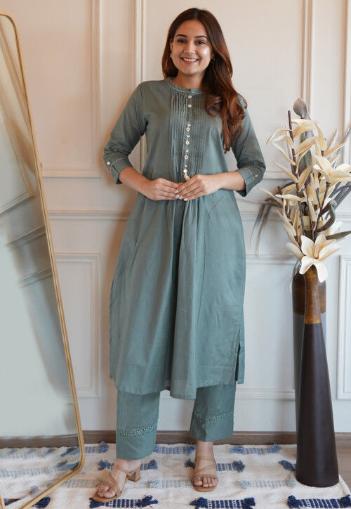 Embroidered Cotton Straight Kurta Set in Dusty Green