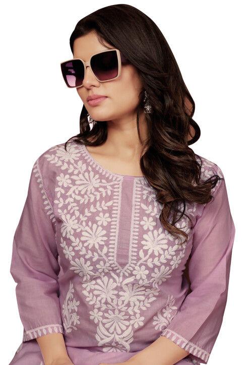 Embroidered Cotton Straight Kurta Set in Dusty Purple