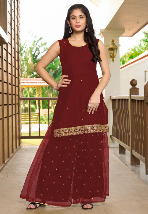 Embroidered Cotton Straight Kurta Set in Maroon