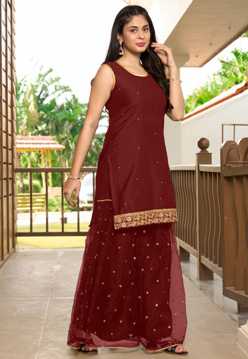 Embroidered Cotton Straight Kurta Set in Maroon
