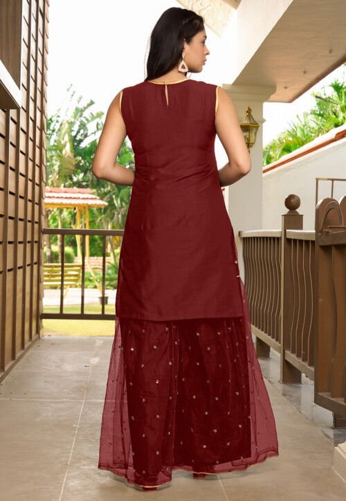 Embroidered Cotton Straight Kurta Set in Maroon