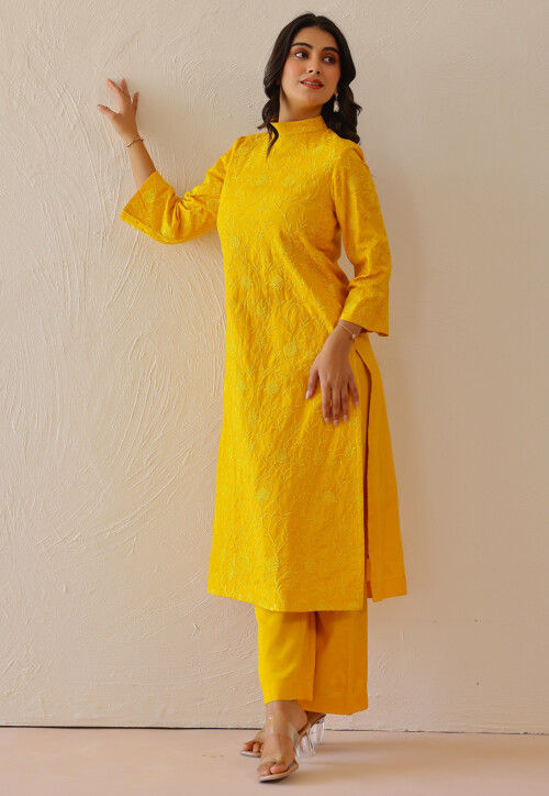 Embroidered Cotton Straight Kurta Set in Mustard