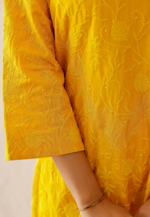 Embroidered Cotton Straight Kurta Set in Mustard