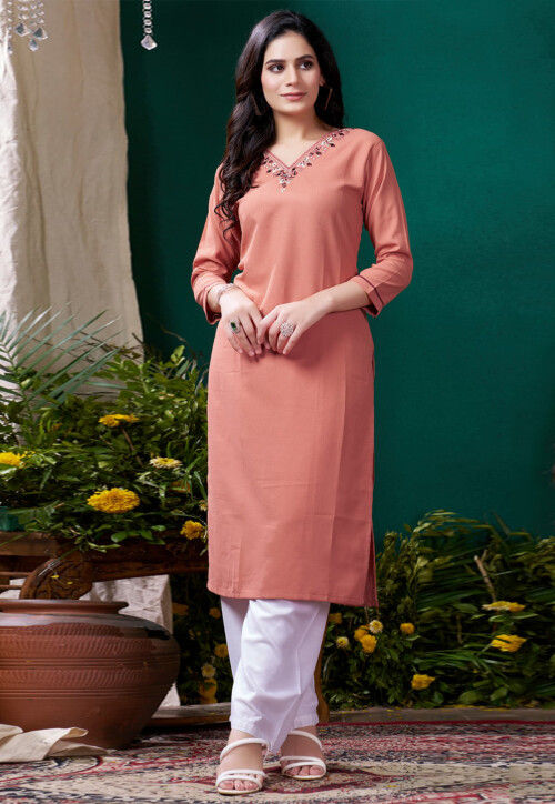 Embroidered Cotton Straight Kurta Set in Orange