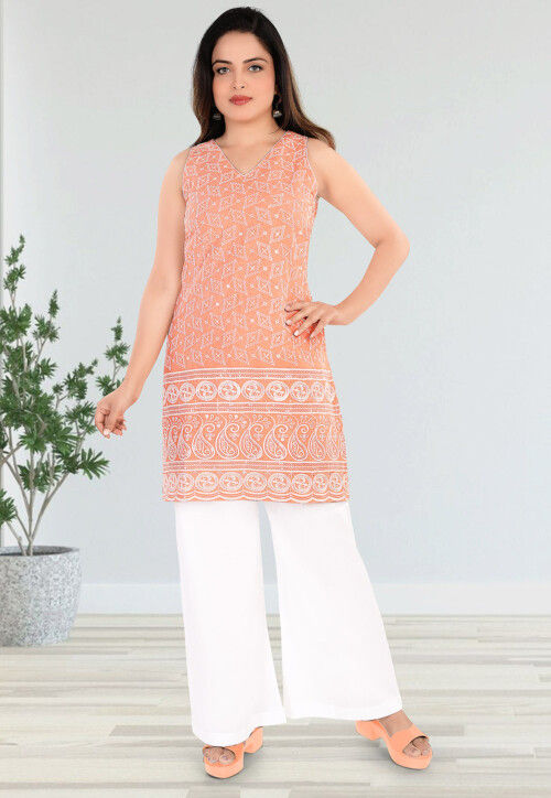 Embroidered Cotton Straight Kurta Set in Peach