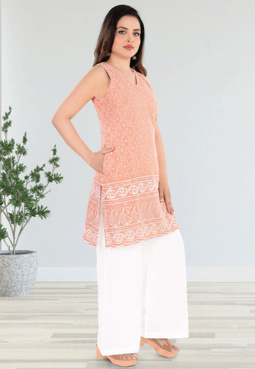 Embroidered Cotton Straight Kurta Set in Peach