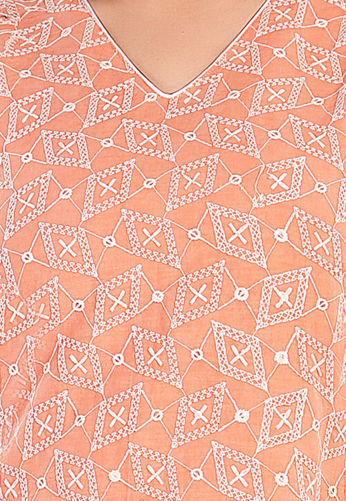 Embroidered Cotton Straight Kurta Set in Peach