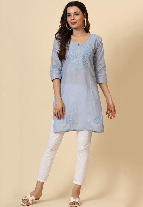 Buy Embroidered Cotton Straight Kurti in Grey Online TGW4287 Utsav Fashion
