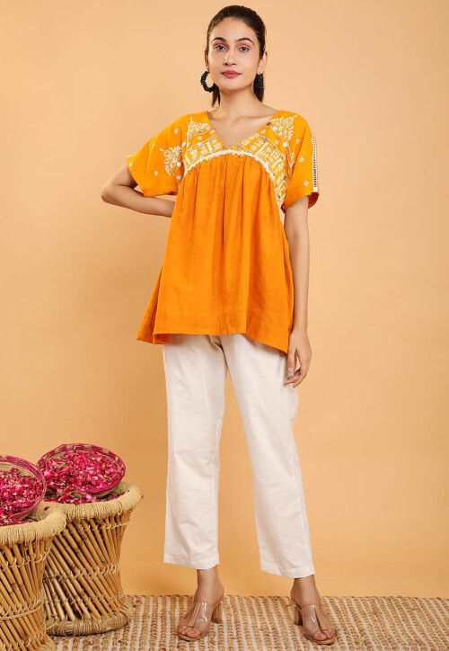 Embroidered Cotton Top and Bottom Set in Dark Mustard