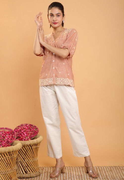 Embroidered Cotton Top and Bottom Set in Light Peach