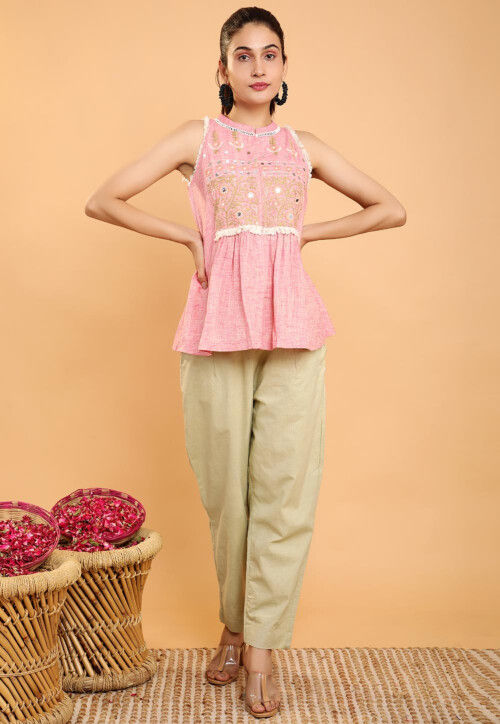 Embroidered Cotton Top and Bottom Set in Light Pink