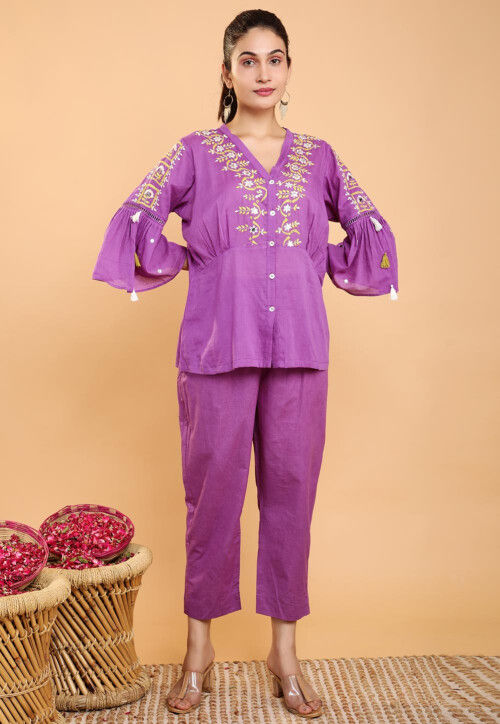 Embroidered Cotton Top and Bottom Set in Purple