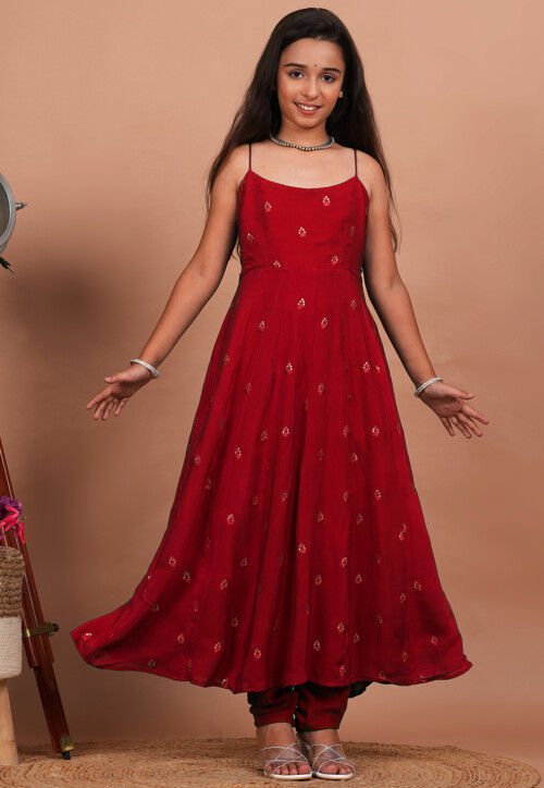 Embroidered Crepe Anarkali Kurta Set in Maroon