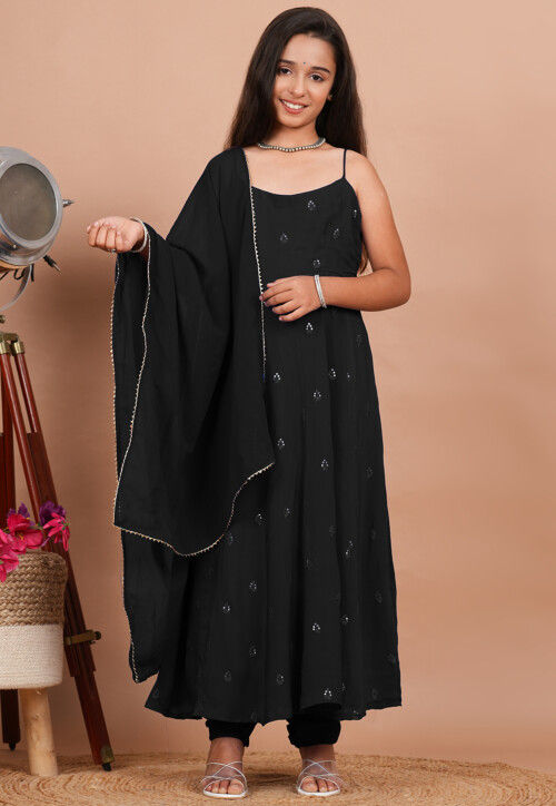 Embroidered Crepe Anarkali Suit in Black