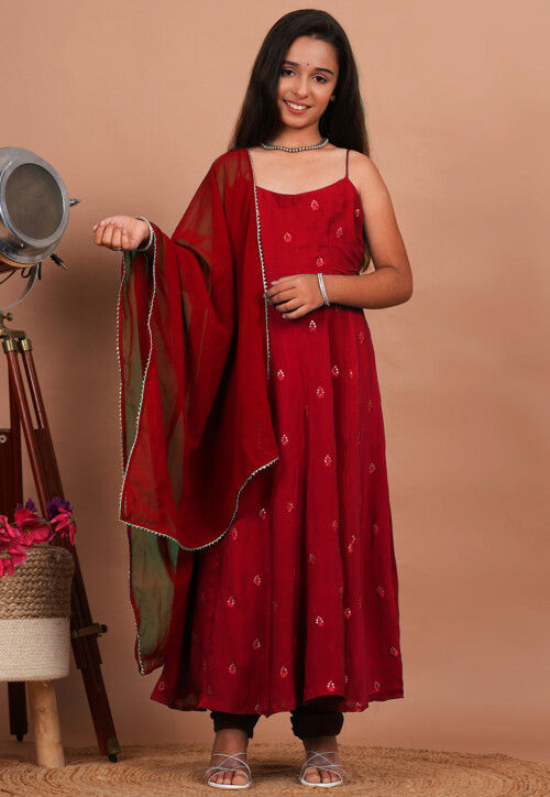 Embroidered Crepe Anarkali Suit in Maroon