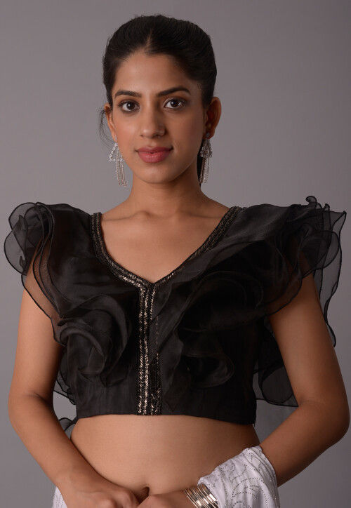 Embroidered Crepe and Organza Blouse in Black