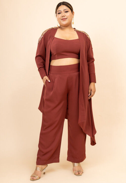 Embroidered Crepe Crop Top Set in Old Rose