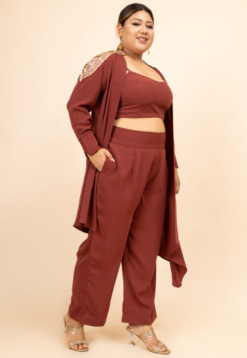 Embroidered Crepe Crop Top Set in Old Rose