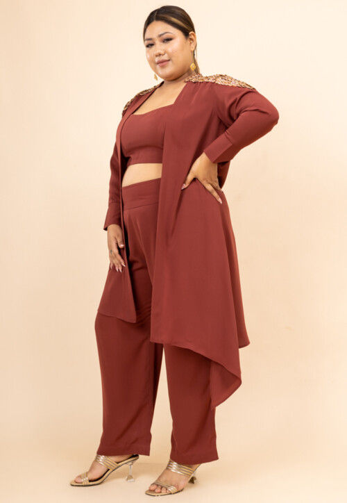 Embroidered Crepe Crop Top Set in Old Rose