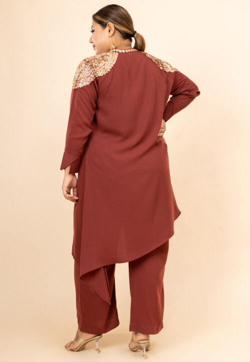 Embroidered Crepe Crop Top Set in Old Rose