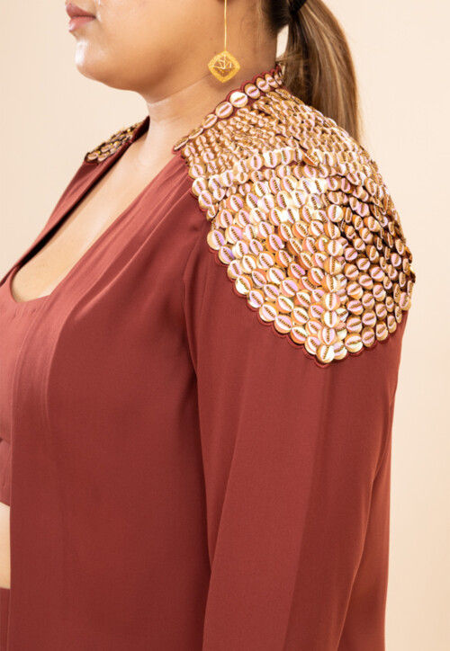 Embroidered Crepe Crop Top Set in Old Rose