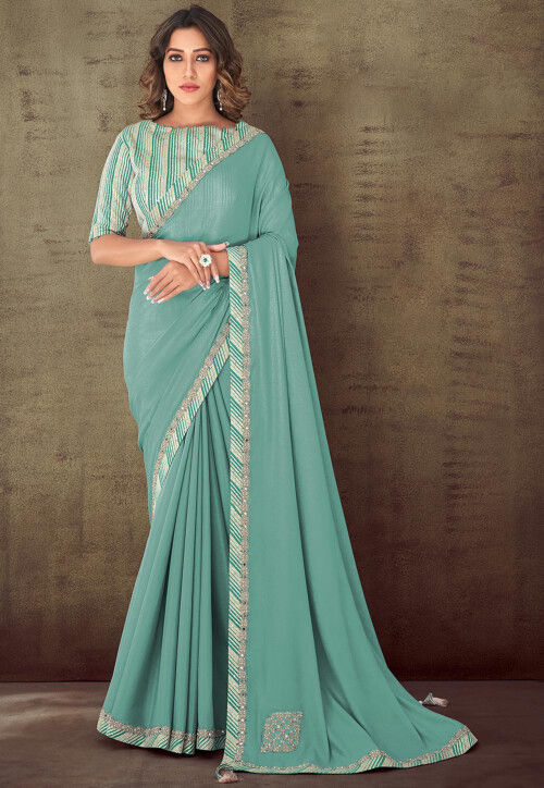Pretty Sea Green Crepe and Georgette Partywear Dress: Dresses for Women -  Inddus. –