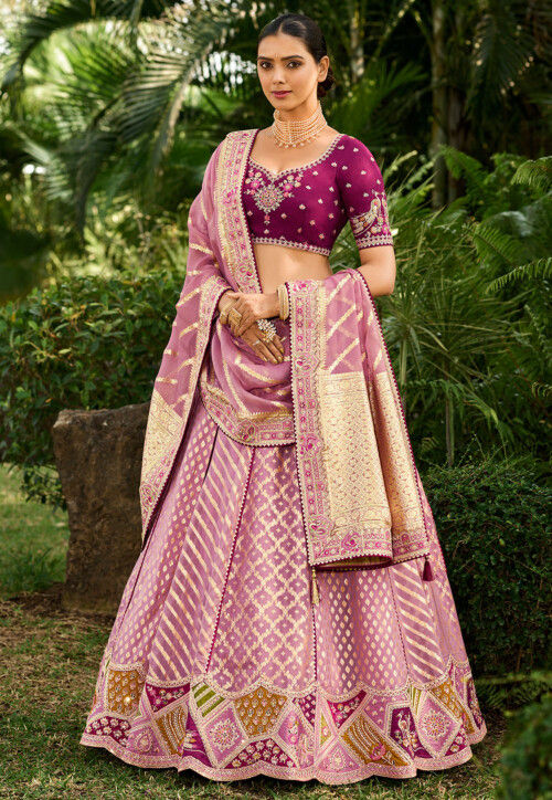 Embroidered Crepe Georgette Silk Lehenga in Old Rose