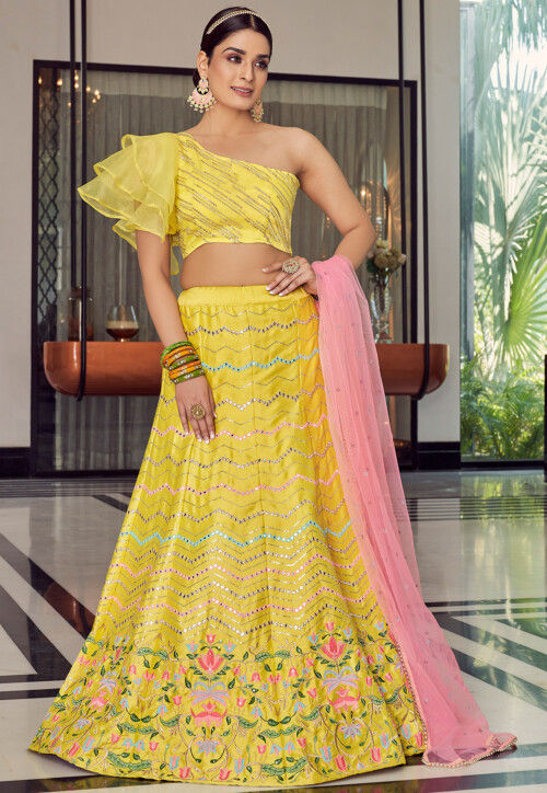 embroidered crepe lehenga in yellow v1 lyc2094
