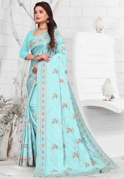 Embroidered Crepe Saree in Sky Blue