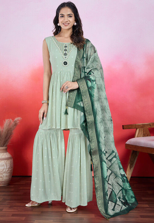 Embroidered Crepe Silk Pakistani Suit in Light Green