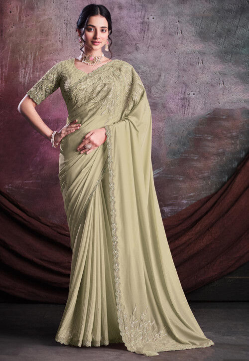 Embroidered Crepe Silk Saree in Green