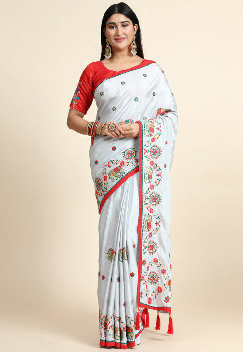 Embroidered Crepe Silk Saree in Light Blue