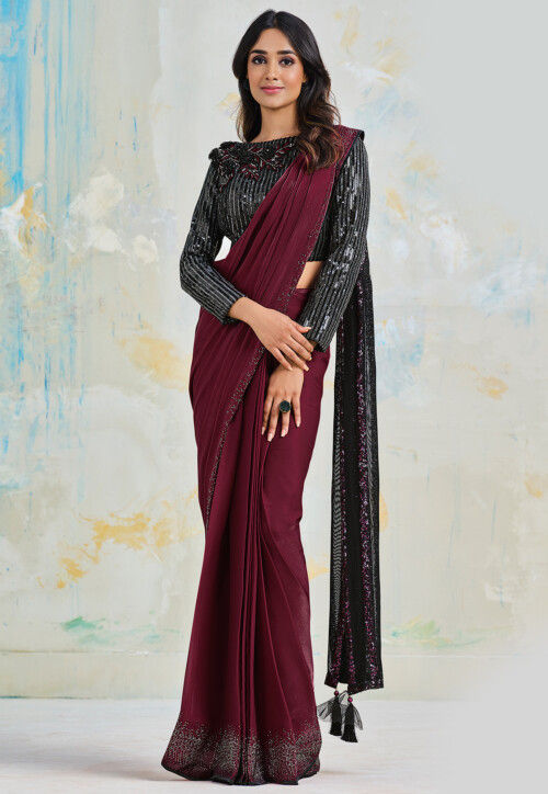 Embroidered Crepe Silk Saree in Maroon
