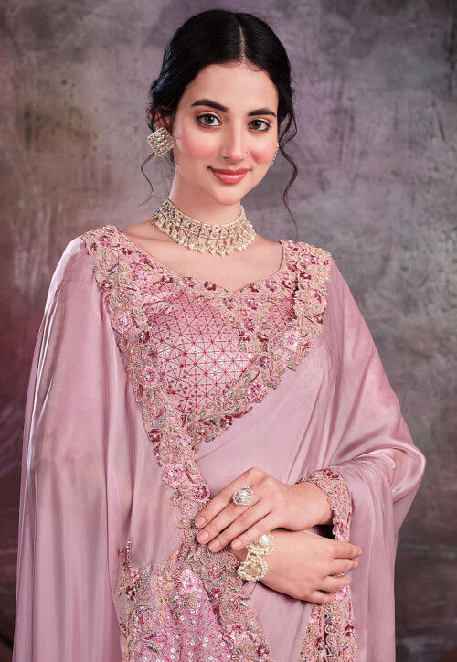 Peach Pink Embellished Shimmer Crepe Silk Saree