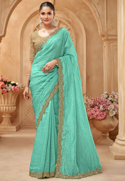 Embroidered Crushed Art Silk Scalloped Saree in Sea Green