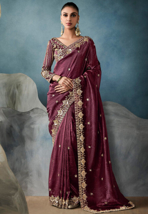 Embroidered Crushed Art Silk Scalloped Saree in Maroon