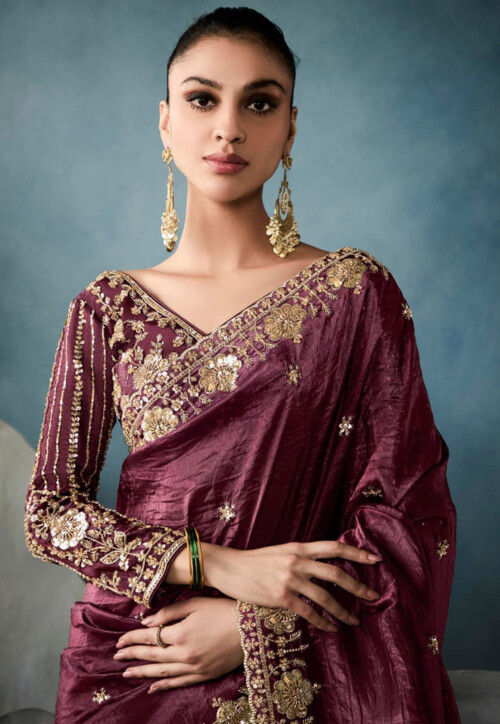 Embroidered Crushed Art Silk Scalloped Saree in Maroon
