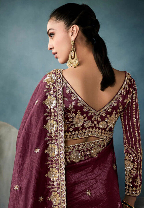 Embroidered Crushed Art Silk Scalloped Saree in Maroon
